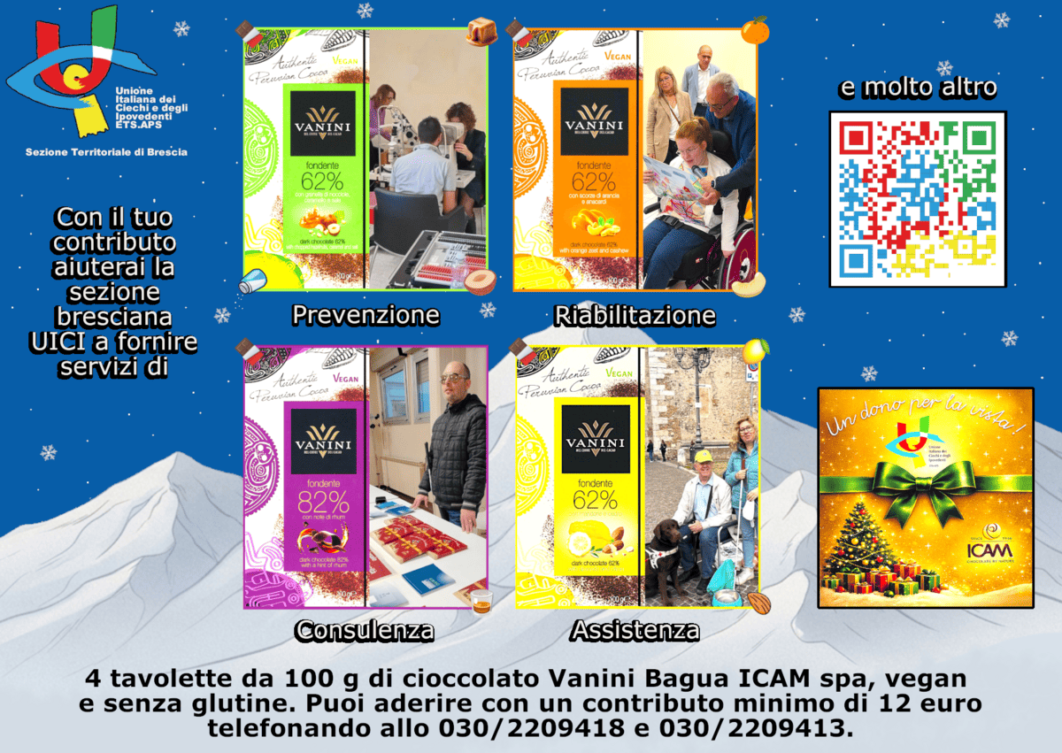 Locandina della raccolta fondi «Un dono per la vista»: quattro tavolette di cioccolato Vanini a sostegno dei progetti di prevenzione della cecità, riabilitazione visiva, consulenza e assistenza dell'Unione Italiana dei Ciechi e degli Ipovedenti, sezione di Brescia